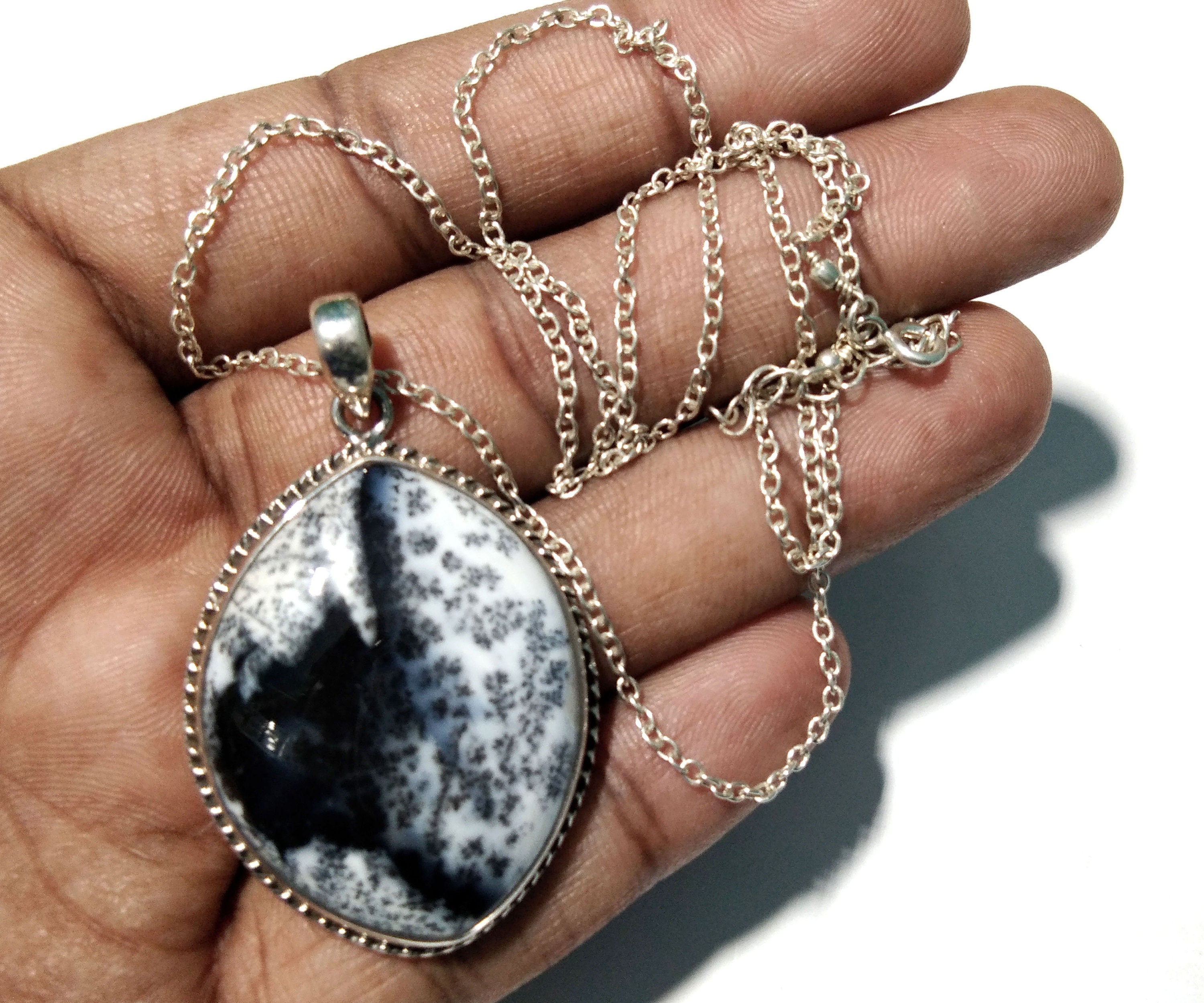 Natural Dendrite Opal Gemstone Pendant, 925 Solid Sterling Silver Design Pendant Chain, Fancy Shape For Gift Easter Pendant Jewelry